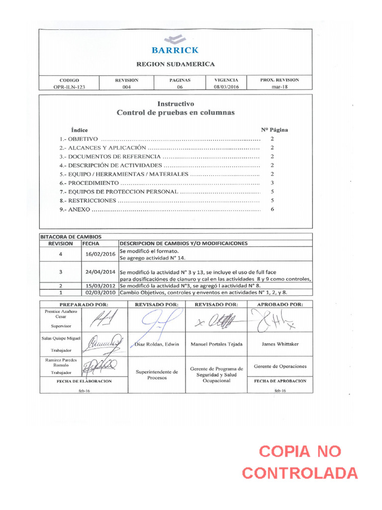 Opr-Iln-123-Rev-005-Control de Pruebas en Columnas-1 | PDF | Cianuro