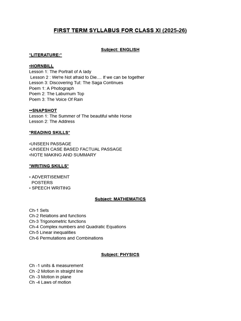 Class 11 First Term Syllabus 2025-26 | PDF
