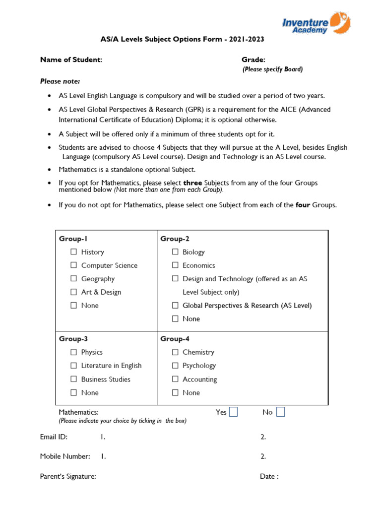 AS/A Levels Subject Options Form 2021-2023 | PDF