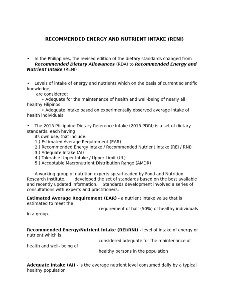 Philippine RENI: Nutritional Standards | PDF | Nutrients | Nutrition