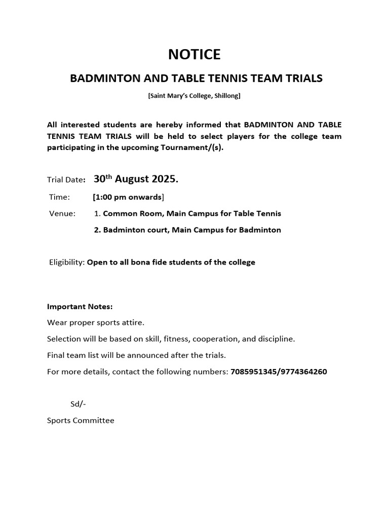 Sports Notice - Badminton and Table Tennis | PDF