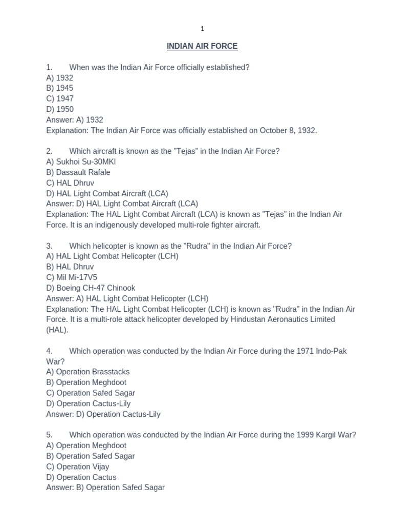 Indian Air Force Quiz and Operations | PDF | Commander | Military Rank
