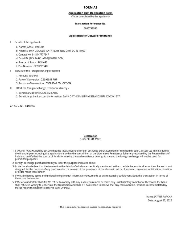 Outward Remittance Application Form | PDF