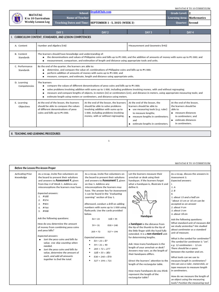 Grade 2 Math Weekly Lesson Plan | PDF | Length | Measurement