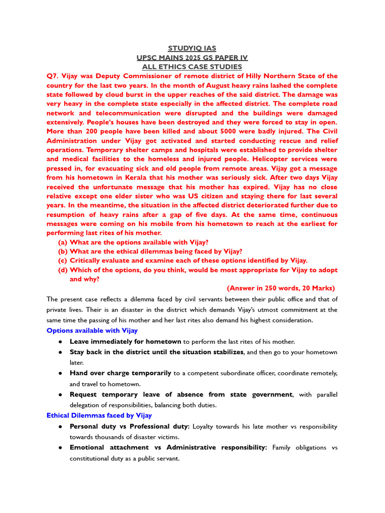 Studyiq Ias Upsc Mains 2025 Gs Paper Iv All Ethics Case Studies | PDF ...
