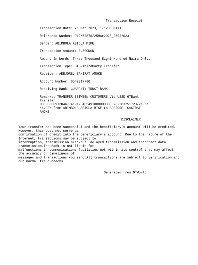 GTBank Transfer Receipt - 25 Mar 2023 | PDF