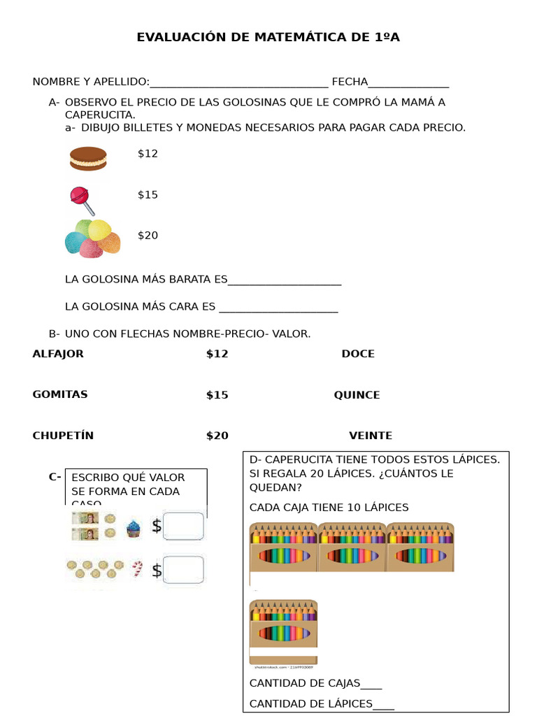 Evaluación de Matemáticas 1ºA: Precios y Cantidades | PDF