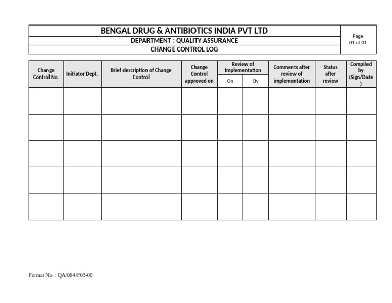 Change Control Log for QA Department | PDF