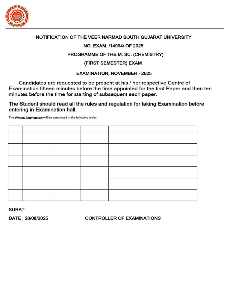M.Sc. Chemistry Sem 1 Exam Timetable 2025 | PDF | Vocational Education ...