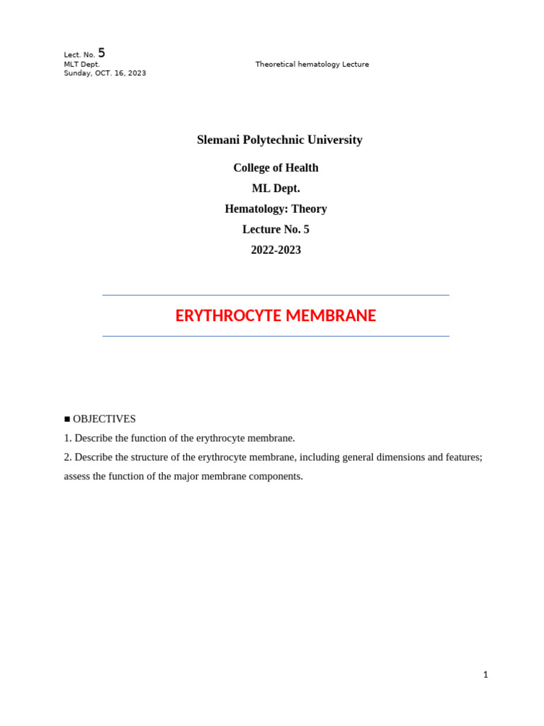 Erythrocyte Membrane Structure & Function | PDF | Red Blood Cell | Cell ...