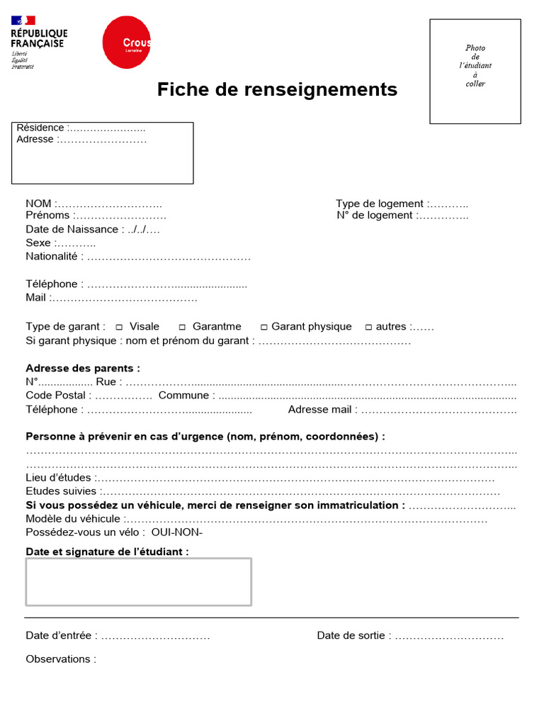 Fiche de renseignement Crous 2025-2026 | PDF