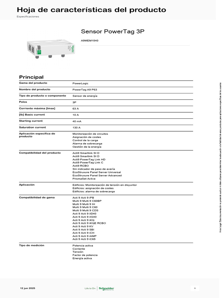 Sensor PowerTag 3P: Monitorización Energética | PDF
