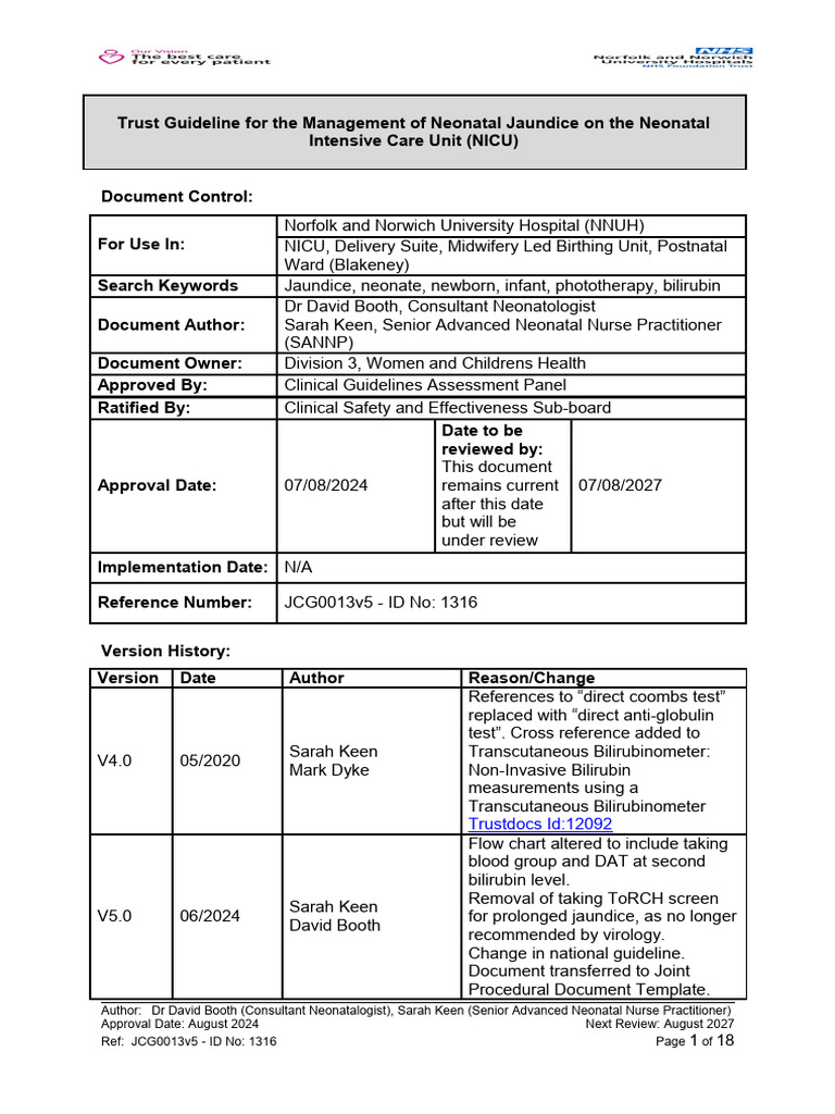Trust Guideline For The Management of Neonatal Jaundice On The Neonatal ...