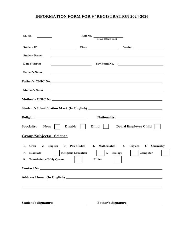 Class 9 Registration Form 2024-2026 | PDF