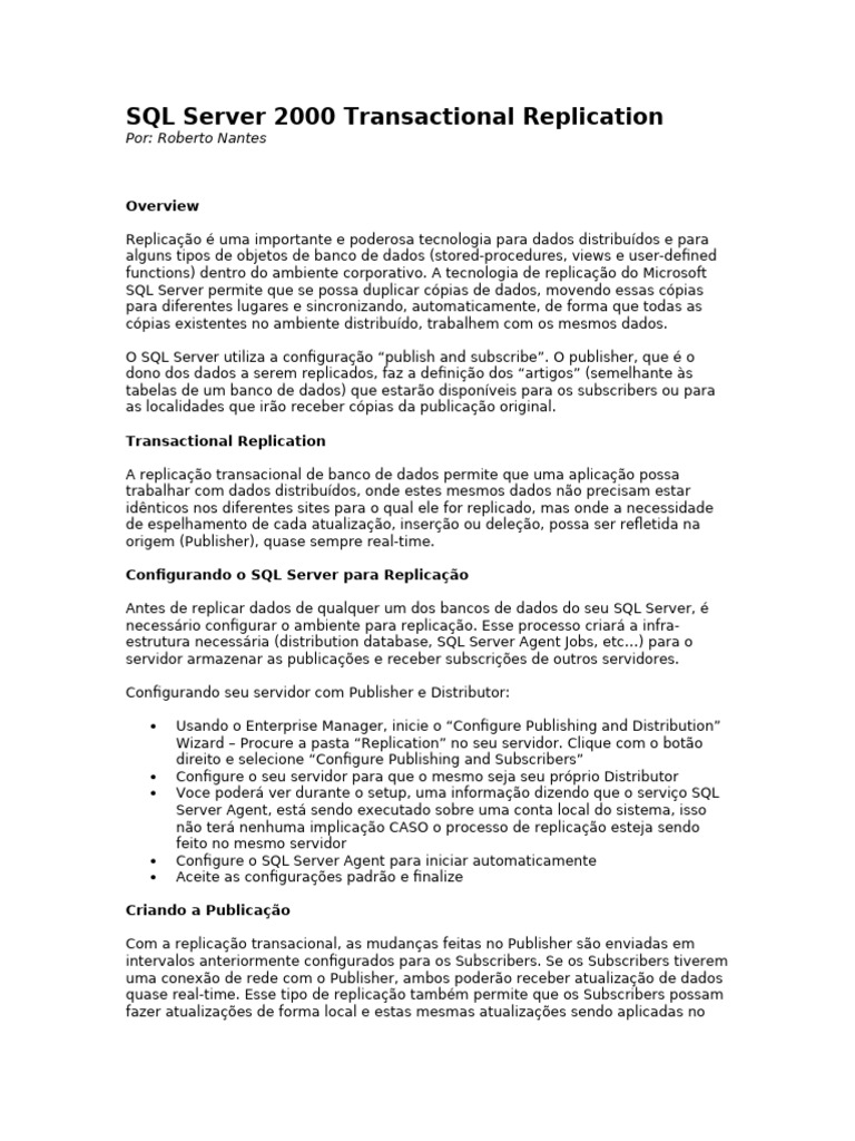 Replicação Transacional no SQL Server 2000 | PDF | Microsoft SQL Server ...