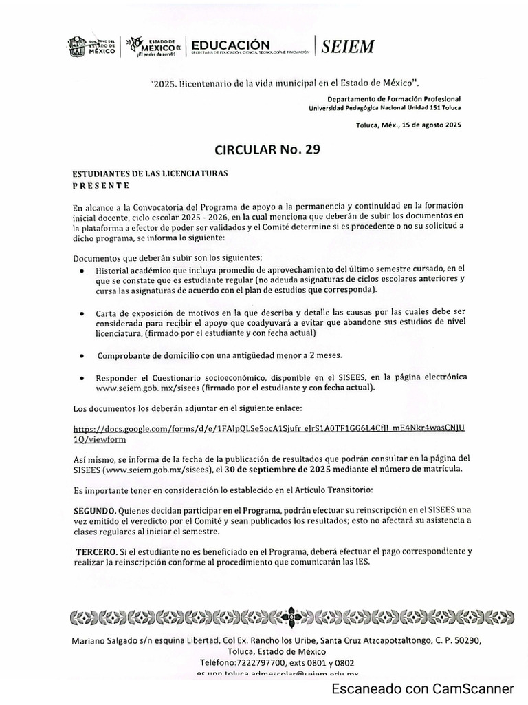 Circular No. 29 Respecto A Convocatoria Del Programa de Apoyo A La ...
