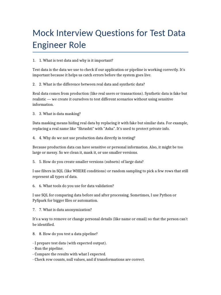 Test Data Engineer Mock Questions | PDF | Apache Spark | Data