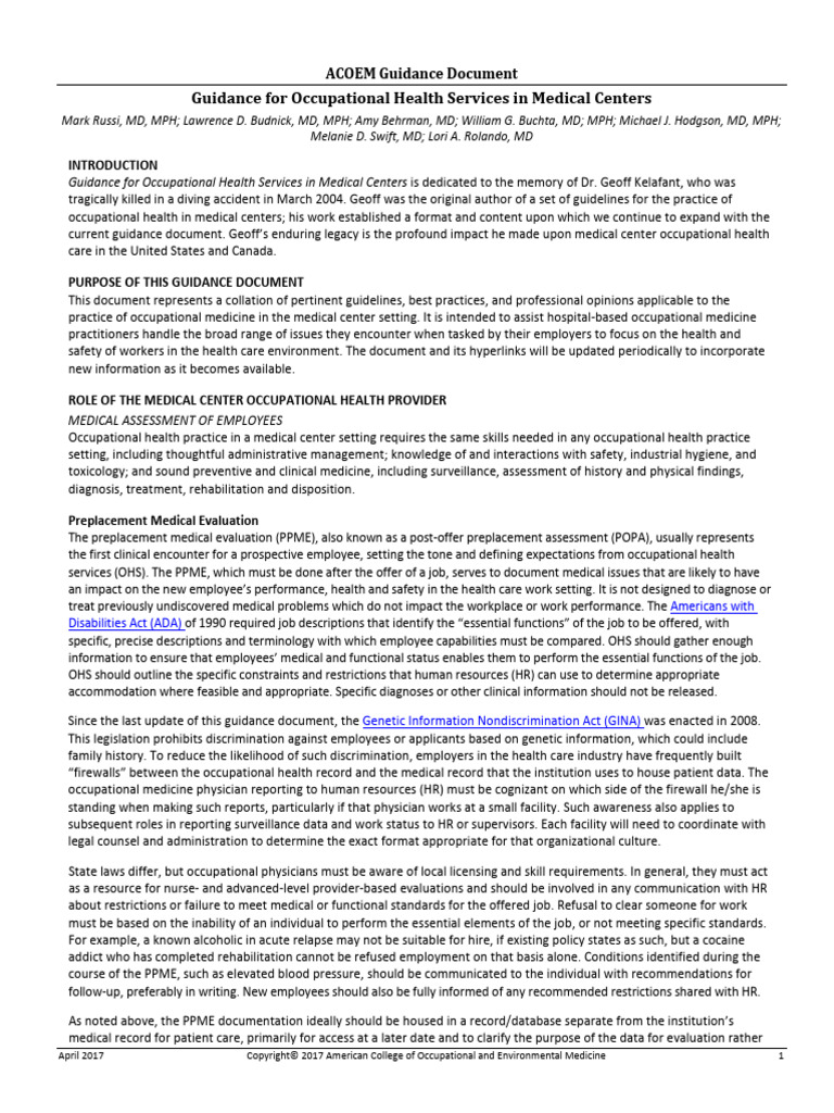 Medical Center OHS Guidance | PDF | Hepatitis B | Occupational Safety ...
