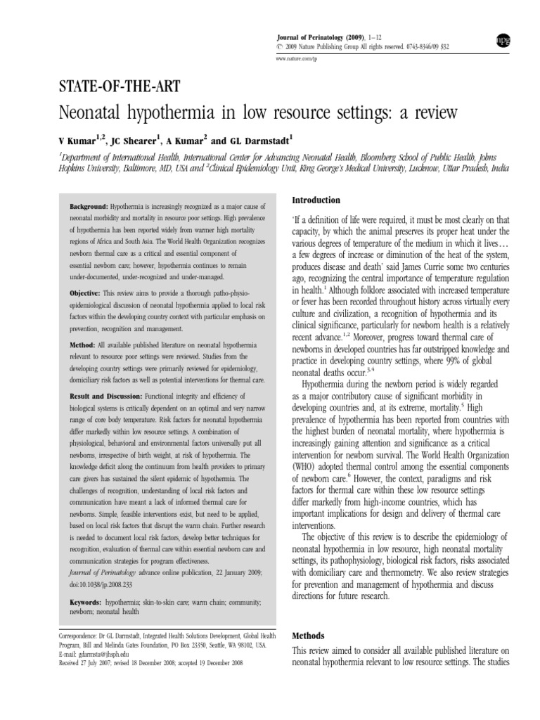 Neonatal Hypothermia in Low Resource Settings | PDF