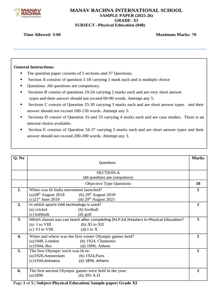 Class 11 Physical Education Sample Paper | PDF | Sports | Physical ...