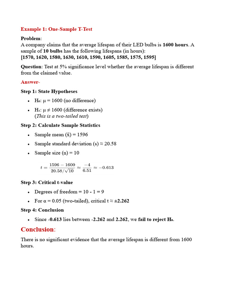 T-Test Examples: One-Sample & Two-Sample | PDF