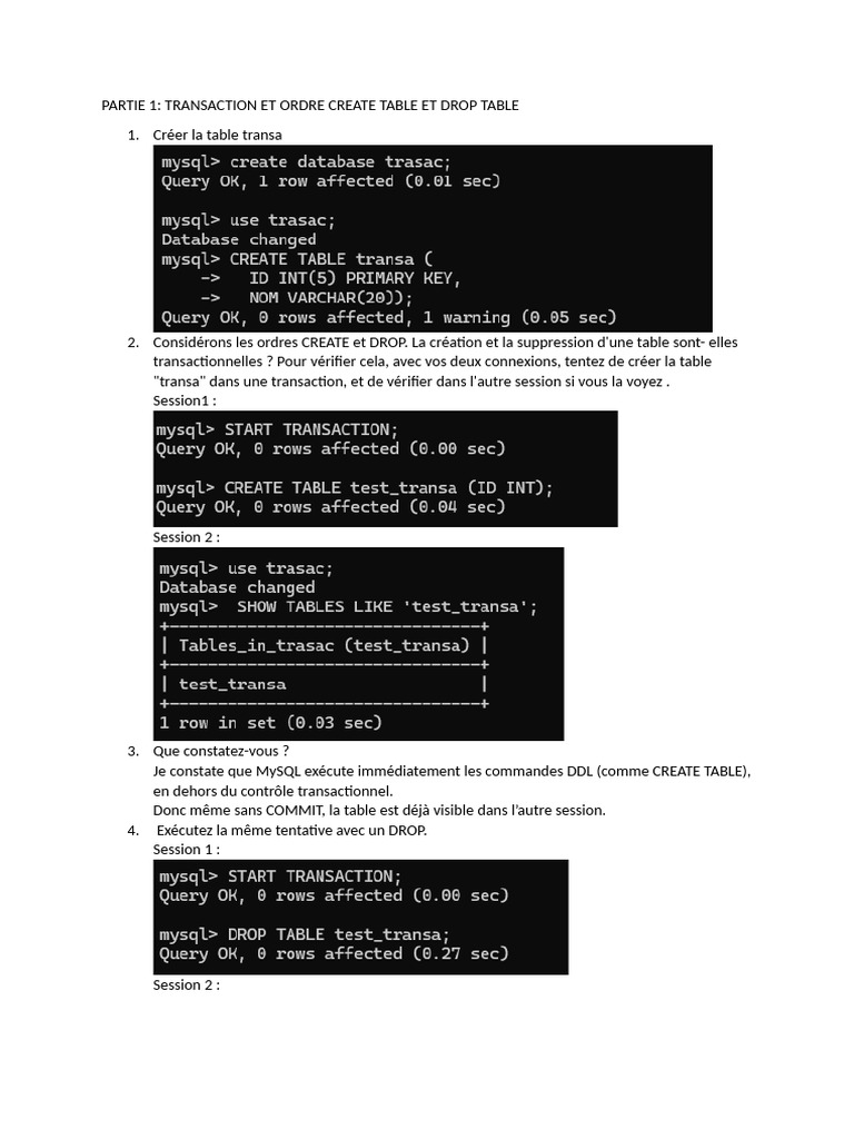Transactions et commandes DDL en MySQL | PDF | SQL | Échecs