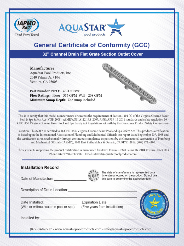 Drain Test Certificate for Pool Safety | PDF