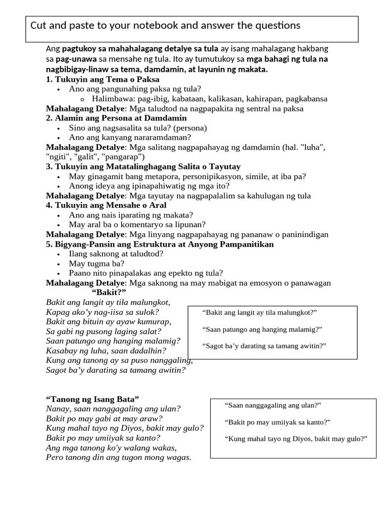 Ang Pagtukoy Sa Mahahalagang Detalye Sa Tula Filipino 5 Activity 1 | PDF