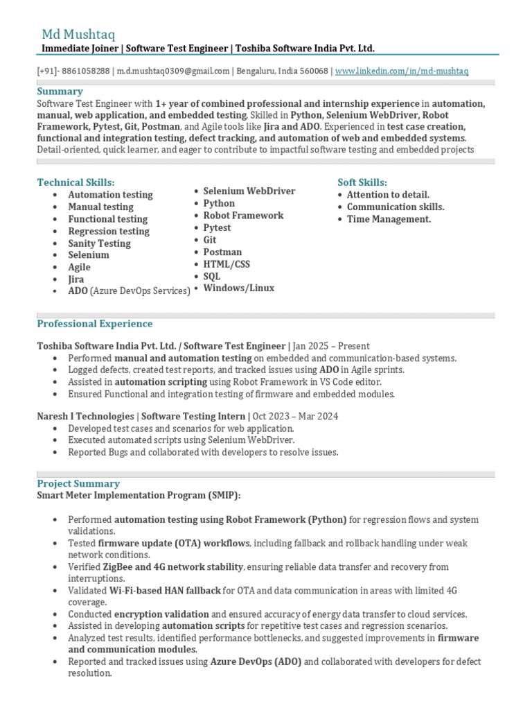 Software Test Engineer Resume - Md Mushtaq | PDF | Selenium (Software ...