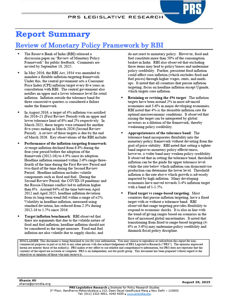 Report Summary Monetary Policy Framework by RBI | PDF | Inflation ...
