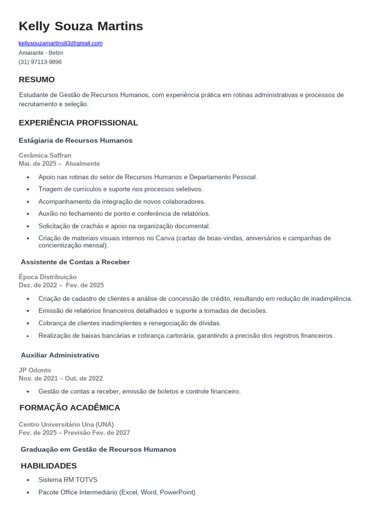 Currículo de Kelly Souza Martins - RH | PDF