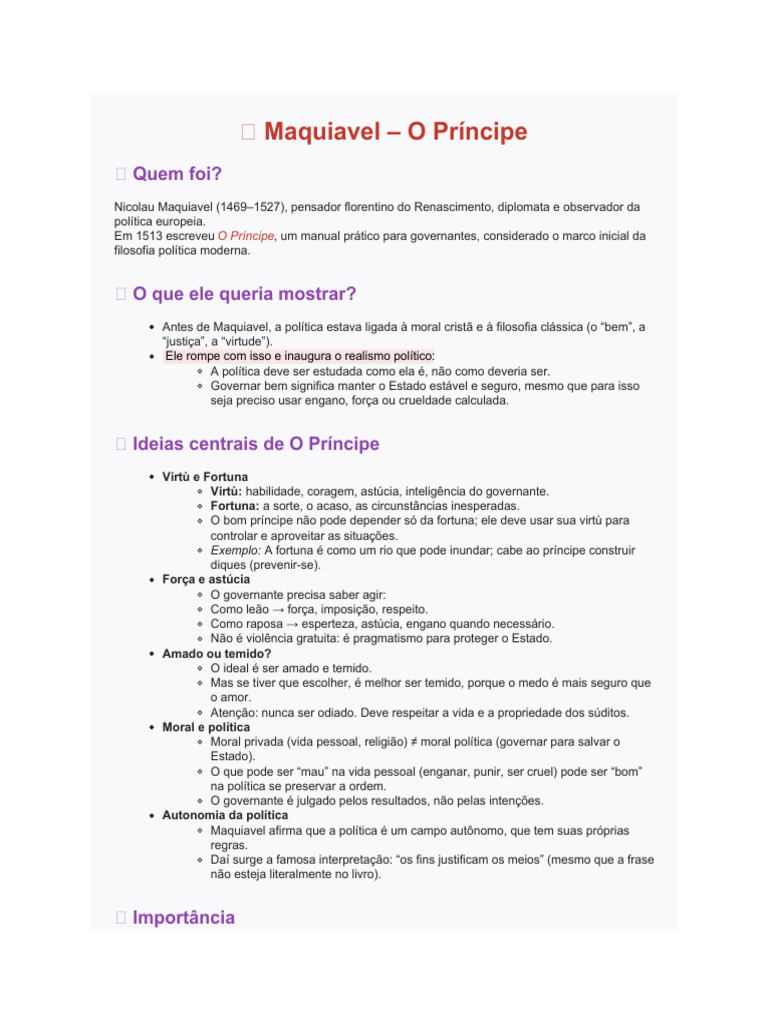 Resumo de O Príncipe de Maquiavel | PDF | O Príncipe | Nicolau Maquiavel