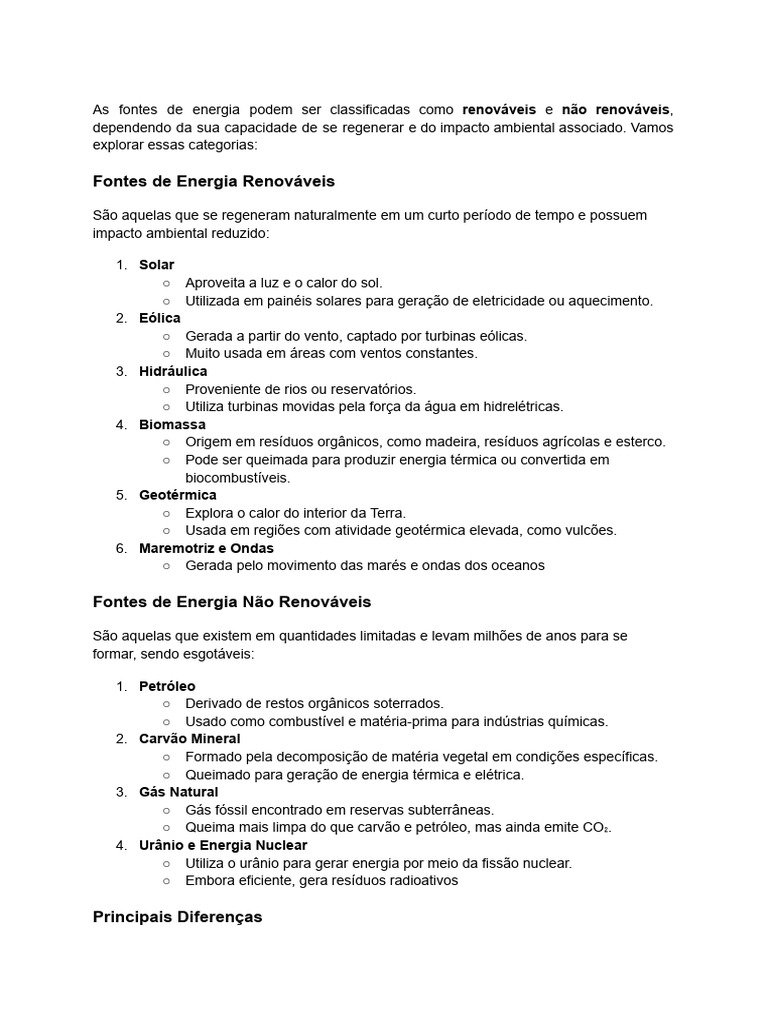 Classificação de Fontes de Energia | PDF | Energia renovável | Geração ...