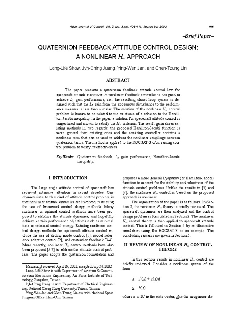 Quaternion Feedback Control for Spacecraft | PDF | Attitude Control ...