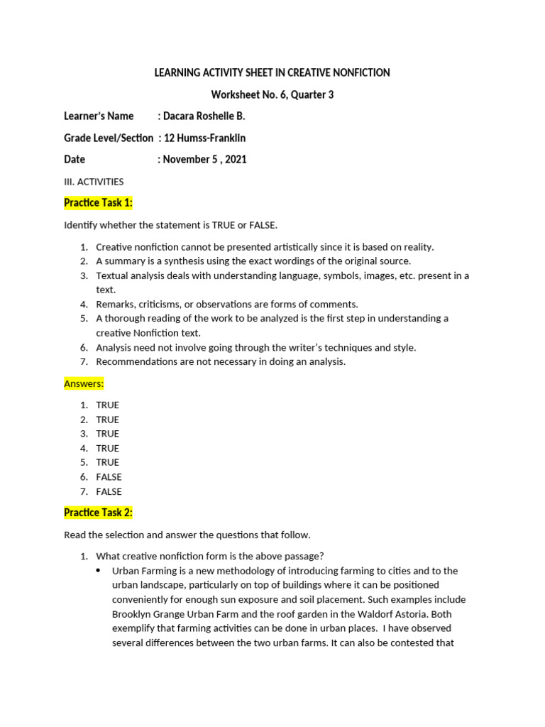 Creative Nonfiction Learning Activities | PDF | Creative Nonfiction ...