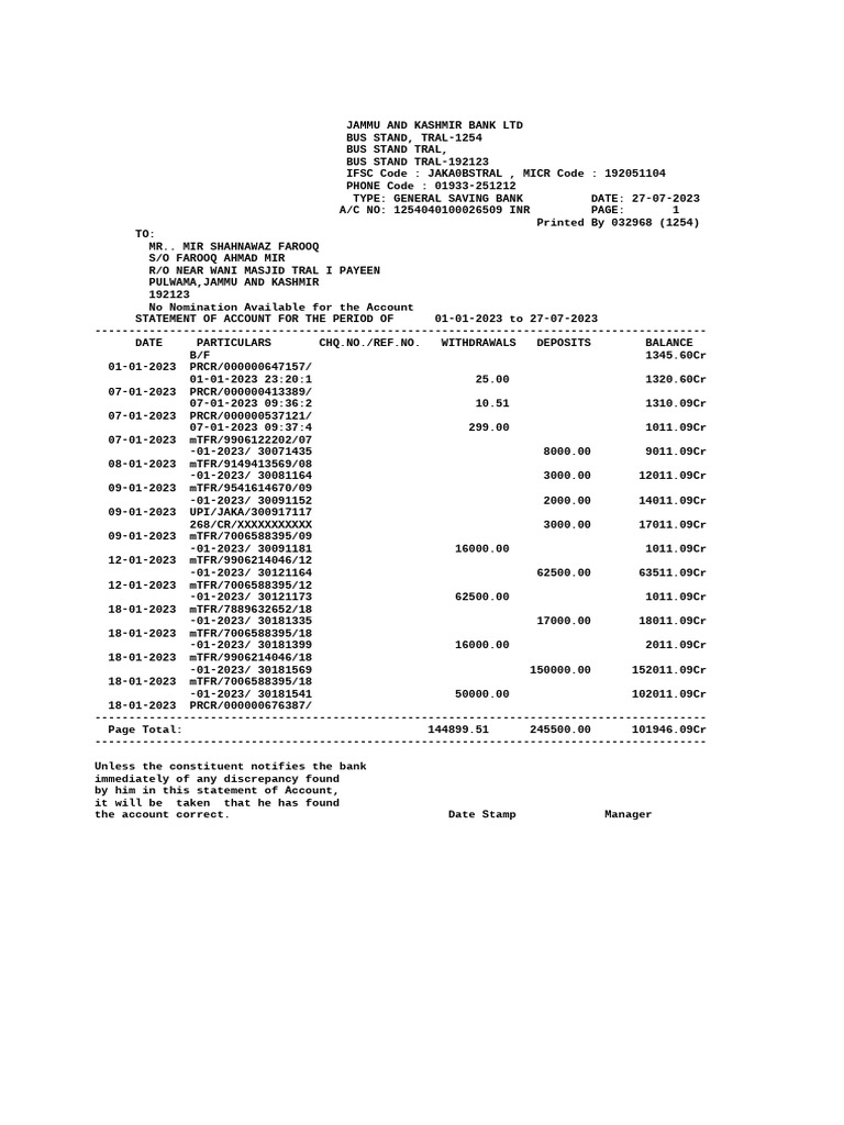 Account Statement: Jan-Jul 2023 | PDF | Banks