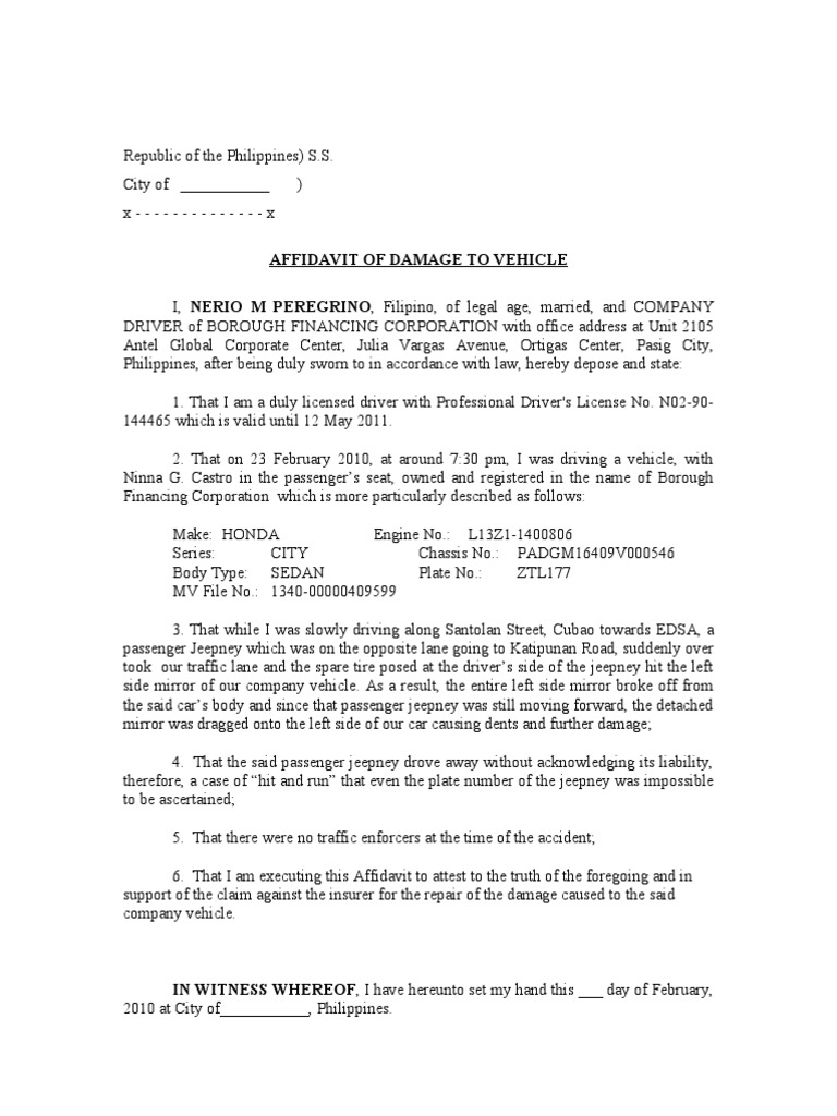Affidavit of Damage to Vehicle