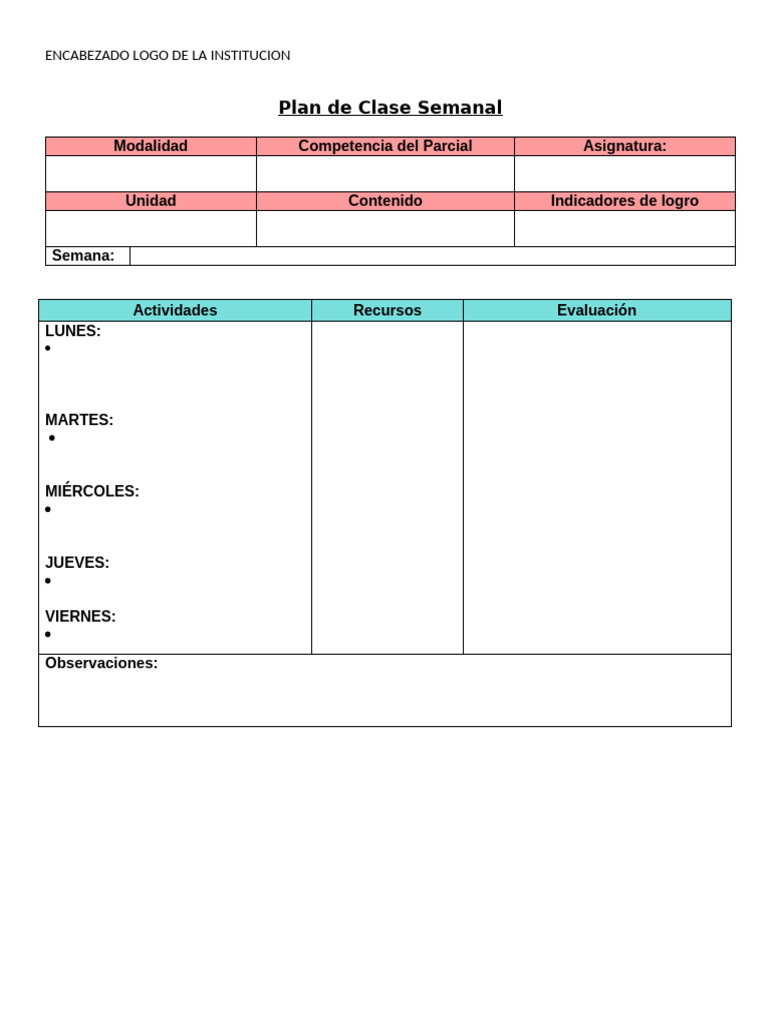Formato de Plan de Clase Ejemplo | PDF