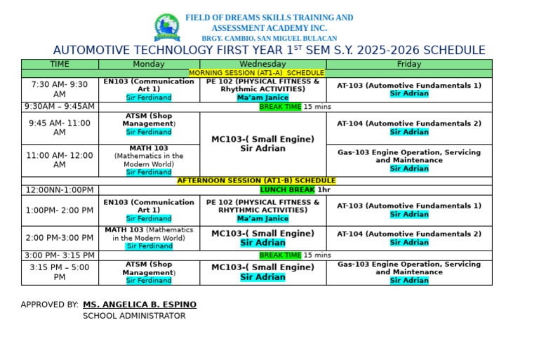 Automotive Technology 1st Sem Schedule | PDF