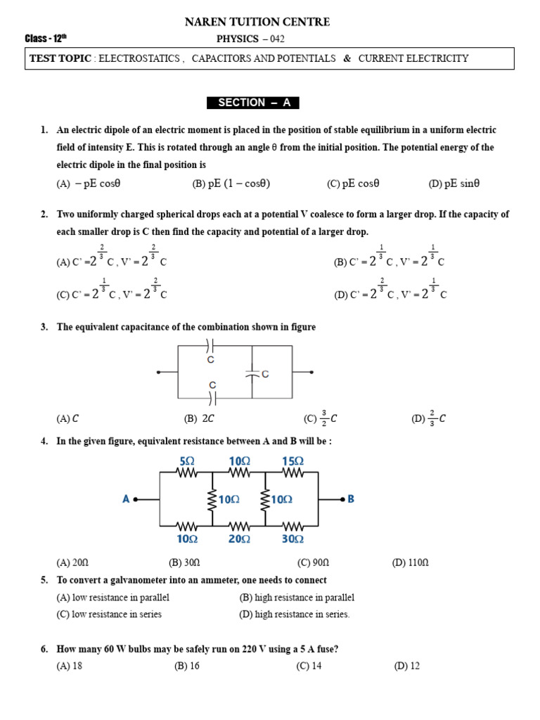 Current Electricity Practice Paper | PDF | Capacitance | Electromagnetism
