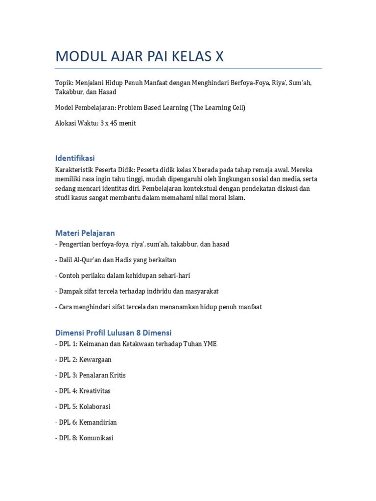 Modul Problem Based Learning PAI Kelas 10 | PDF