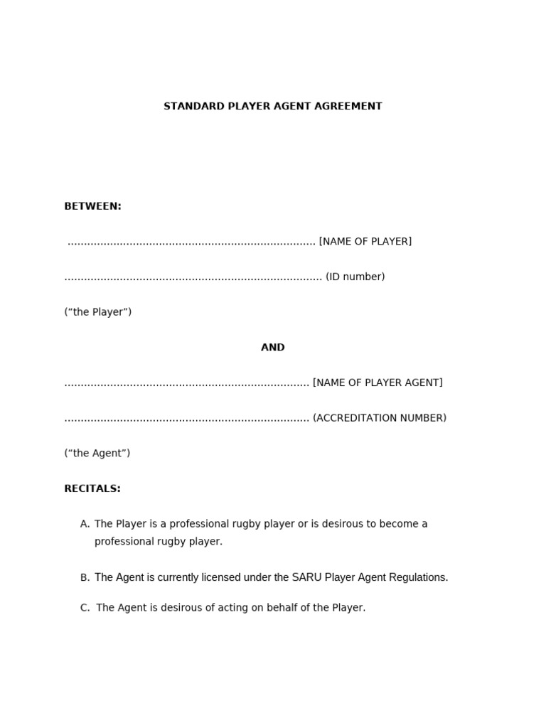 Player-Agent Agreement for Rugby Representation | PDF | Private Law ...
