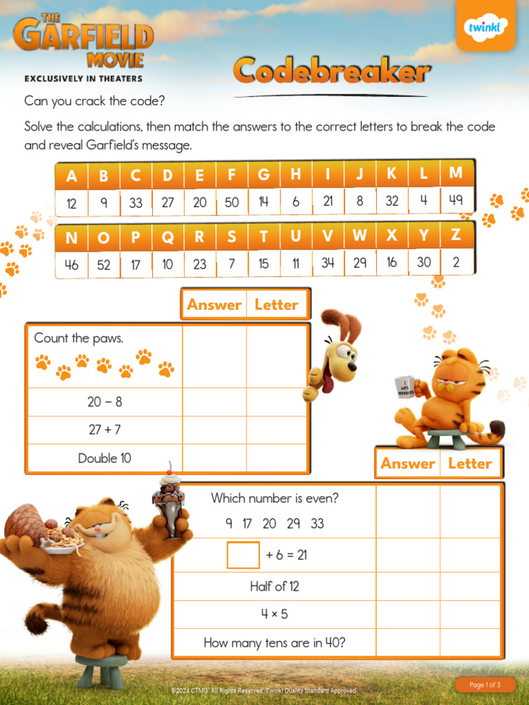 Free Garfield Math Codebreaker Activity For K 2nd Grade Us M 1714678236 ...