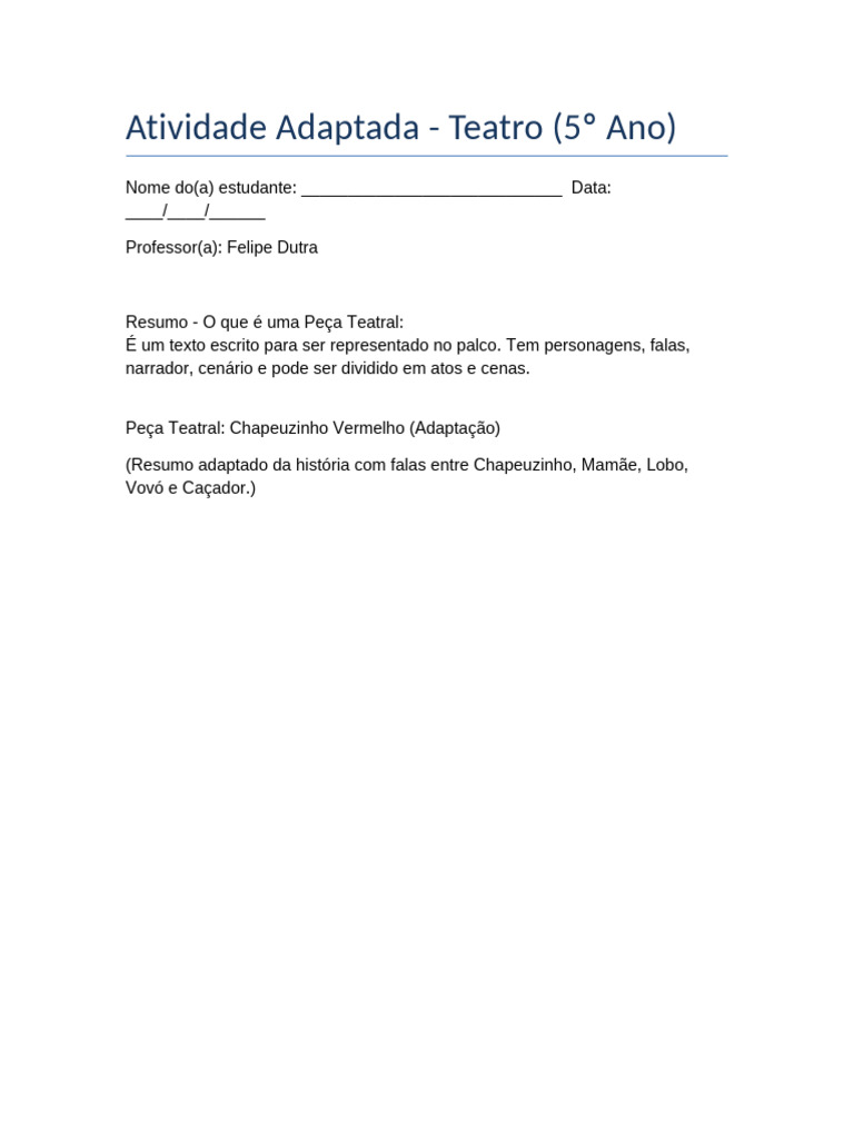 Atividade de Teatro para 5º Ano | PDF