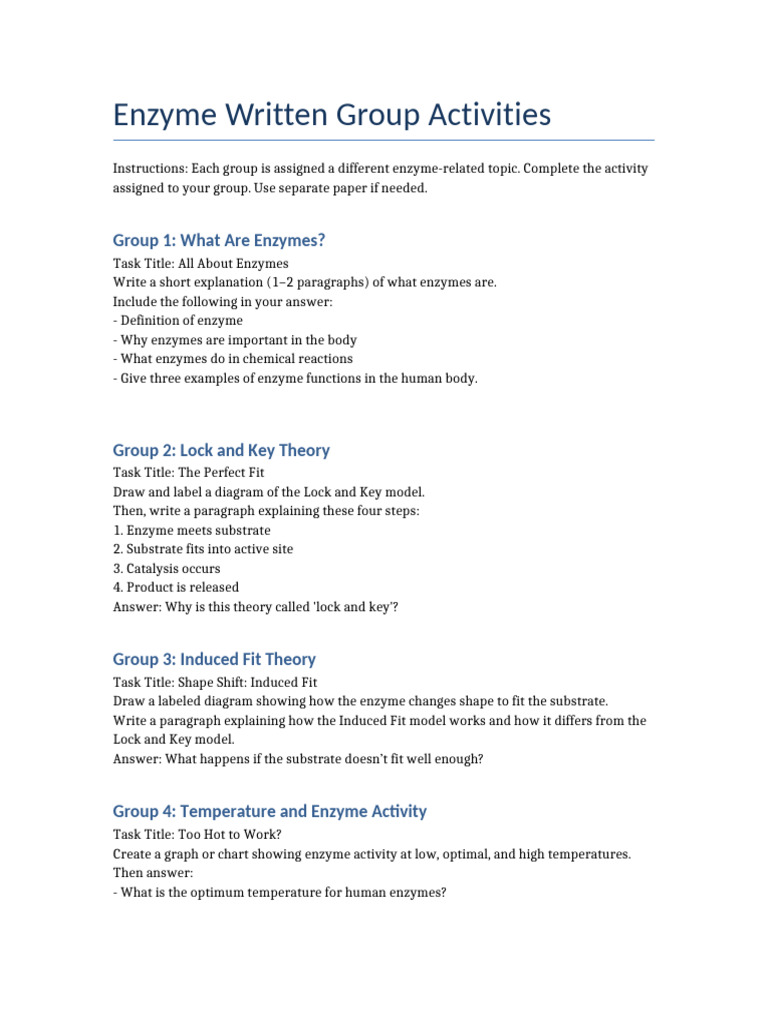 Enzyme Activities for Group Learning | PDF | Enzyme | Enzyme Assay