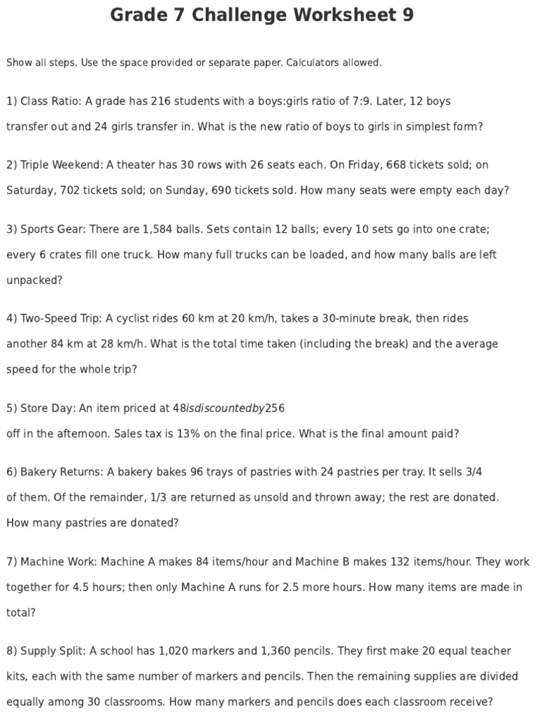 Grade 7 Math Challenge Worksheet 9 | PDF
