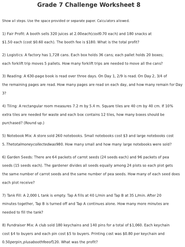 Grade 7 Math Challenge Worksheet | PDF