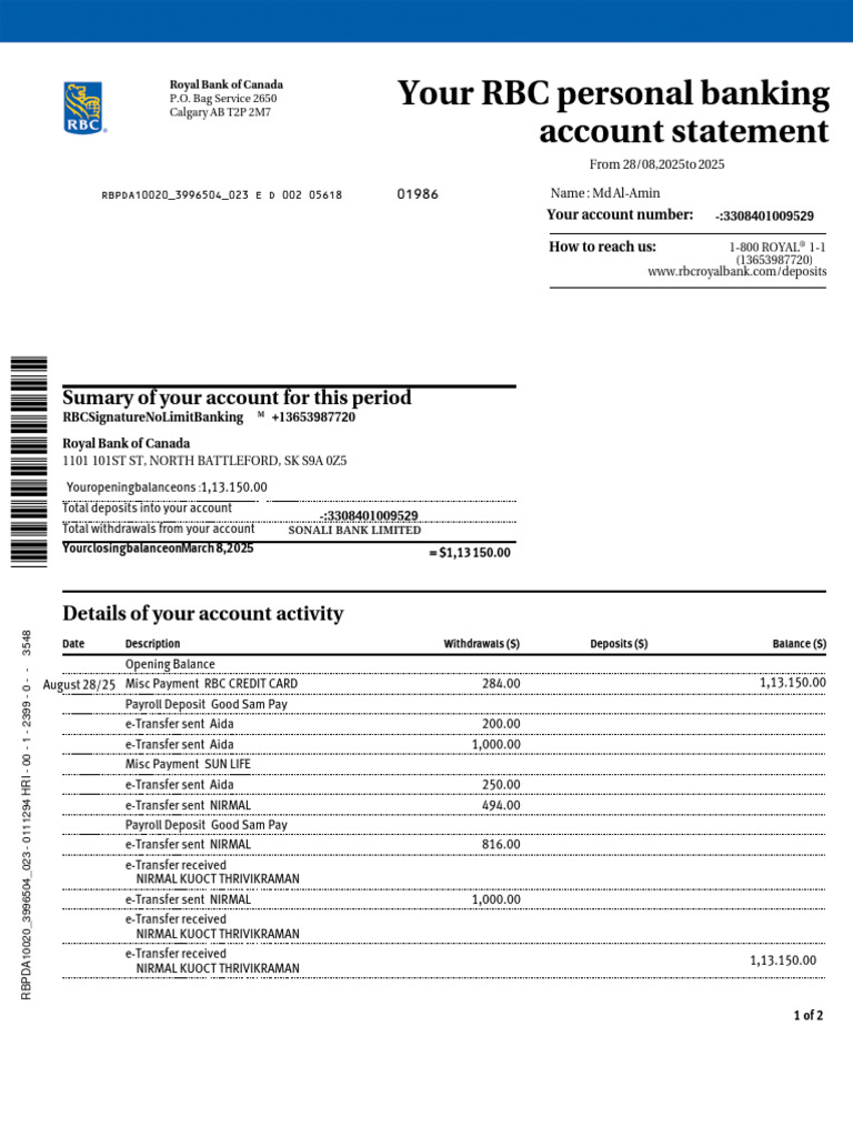 RBC Royal Bank Resip MD Al-Amin | PDF | Banks | Cheque