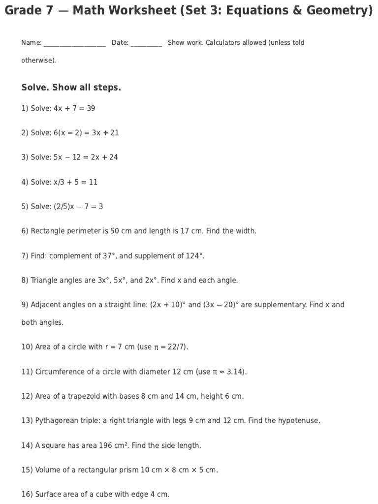 Grade 7 Math: Equations & Geometry | PDF