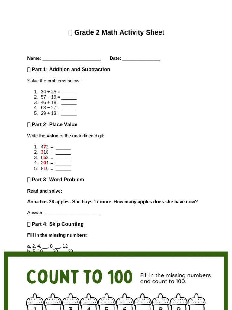 Grade 2 Maths Activity Sheet | PDF